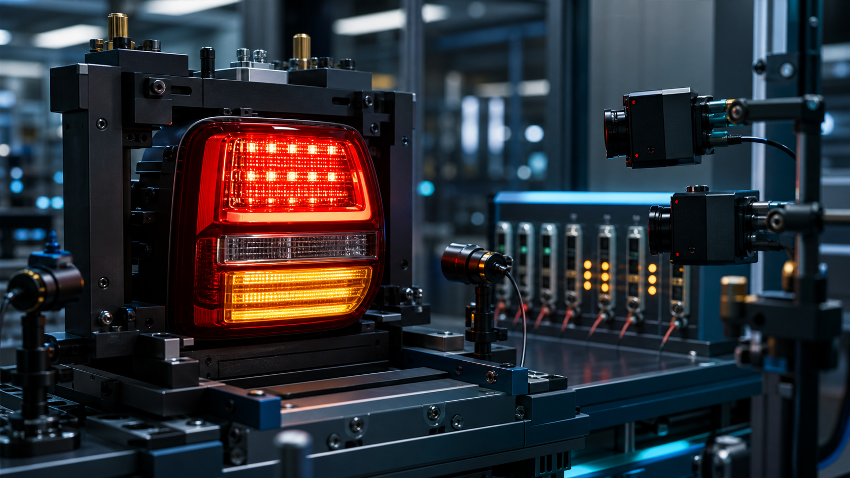 Representação ilustrativa de lanterna automotiva em uma jiga de testes ópticos e elétricos