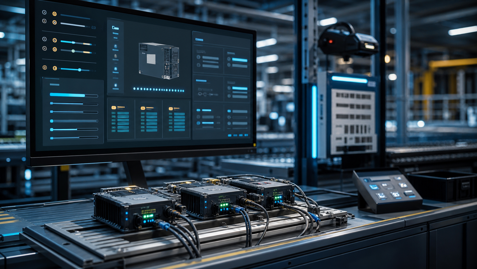 Representação ilustrativa de software industrial para configuração de módulos eletrônicos
