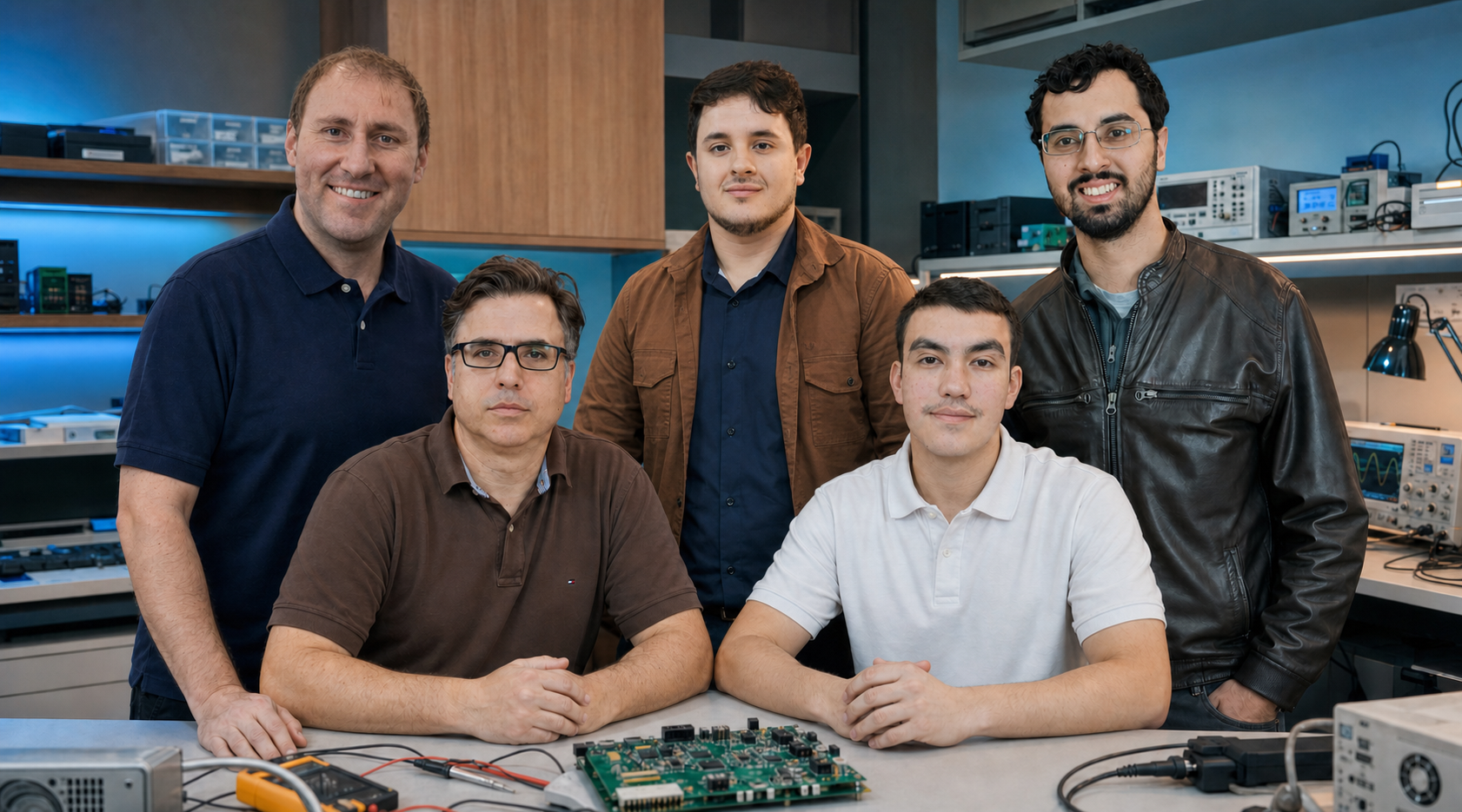 Equipe multidisciplinar da Vorle reunida em um laboratório de engenharia eletrônica